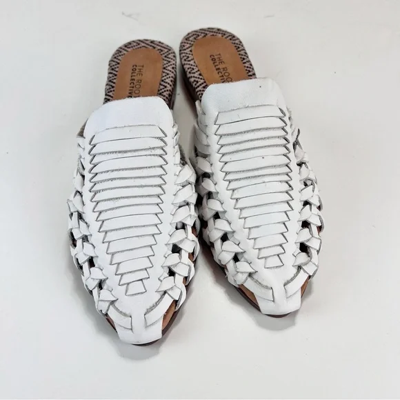 ROOT COLLECTIVE Brooke Huarache Mule Size 9 White Woven Soft Leather Bohemian